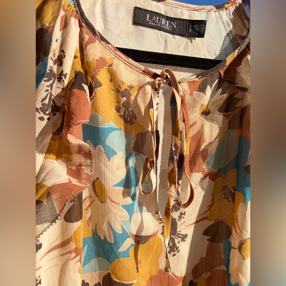 🆕 Lauren Ralph Lauren Floral Blouse Size Large Boho Sheer Multicolor Top Style - Picture 9 of 17